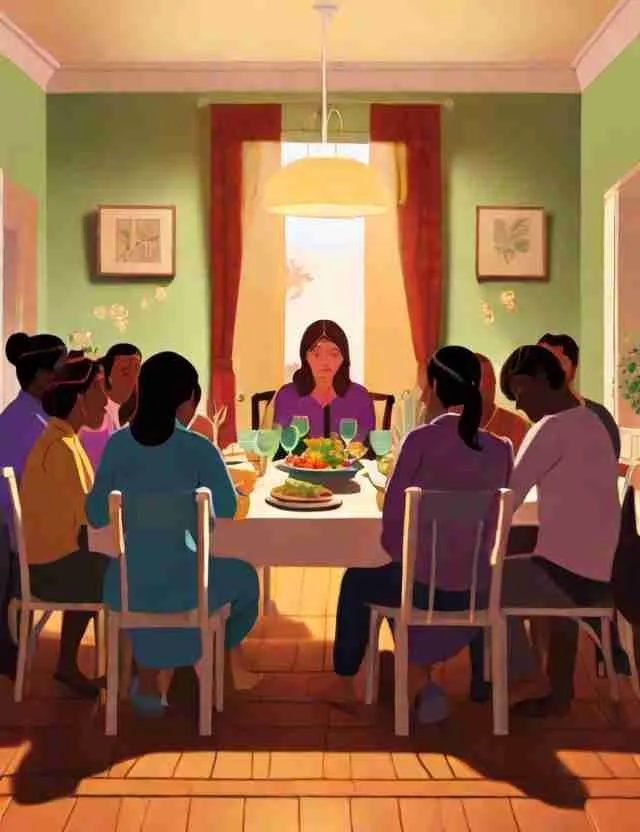 A drawing of a group of people around a dinner table, with a woman alone in the middle under the spotlight seemingly left out